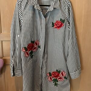 Black and White Gingham Dress with Red Floral Embroidery
